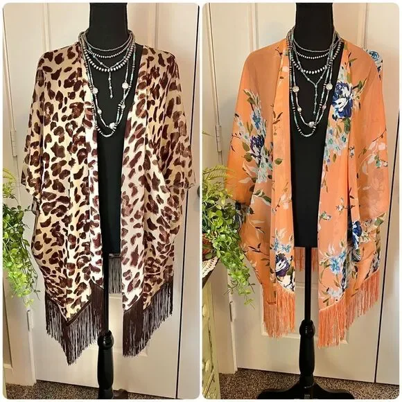 Soul Young Leopard & Floral Open Front Fringe Hem 2 Kimono Duster Blouses O/S - Picture 1 of 16